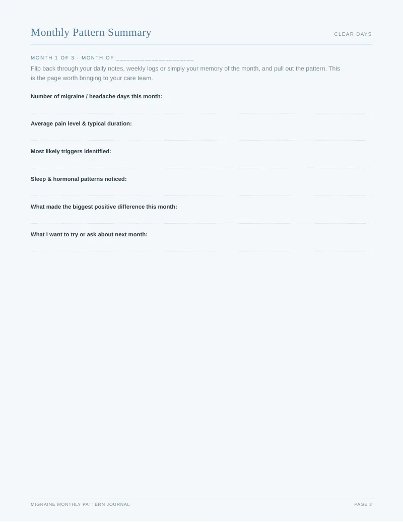 Page 3 of the Migraine Monthly Pattern Journal